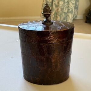Vintage Oval Wood Box Faux Crocodile Finish & Brass Finial Decor Canister